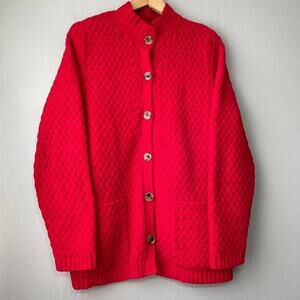 J Jill Size Medium Cherry Red Chunky Open Knit Soft Chenille Sweater Cardigan
